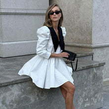 Load image into Gallery viewer, Spring Autumn French Black White Contrast Color Doll Collar Short Dress Women Elegant Pleated A line Dress