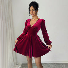 Load image into Gallery viewer, Retro Socialite Christmas Wine Red Velvet V neck Lantern Sleeve Slim Slimming A line Pleated Short Dress