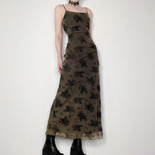 Load image into Gallery viewer, French Retro Elegant Adult Lady Woman Floral Print Maxi Dress Mesh Wooden Ear Off Neck Slim Strap Long One Step Dress