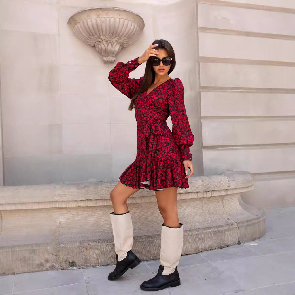 Women Clothing Autumn Printed V neck Long Sleeve Ruffles Dress