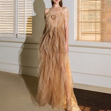Load image into Gallery viewer, Graceful Formal Dress Fall Sexy Cold Shoulder Mesh Floral Stitching Contrasting Color Dress Women