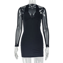 Load image into Gallery viewer, Solid Color Slim Fit Women Clothing Sexy Patchwork Socialite Hip Dress Wrapped Chest Mesh Long Sleeve Short Dress