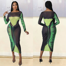 Load image into Gallery viewer, Summer Women Clothing Sexy Mesh Floral Print Long Sleeve Mid-Length Women Dress