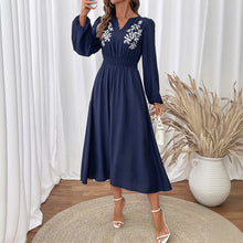 Load image into Gallery viewer, Autumn Holiday Ethnic Tight Waist V neck Blue Embroidery Dress Women