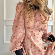 Load image into Gallery viewer, Printing Color Contrast French Dress Women Design Pleated Collared Long Sleeve High Waist A line Dress