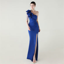 Load image into Gallery viewer, Single Shoulder Craft Beaded Nail Hair Wave Floral Satin High Slit Sexy Evening Dress Evening Cocktail Wedding
