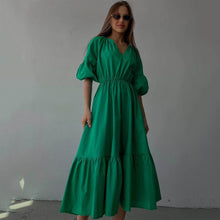 Load image into Gallery viewer, V neck Dress Office High Waist French Half Sleeve A line Dress Women Casual Dress Summer