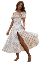 Load image into Gallery viewer, Women Summer Top Product Puff Sleeve Floral Tie Neck High Slit Women Dress Summer