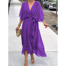 Load image into Gallery viewer, Women Clothing Solid Color Tied Maxi Dress Batwing Sleeve Irregular Asymmetric Dress