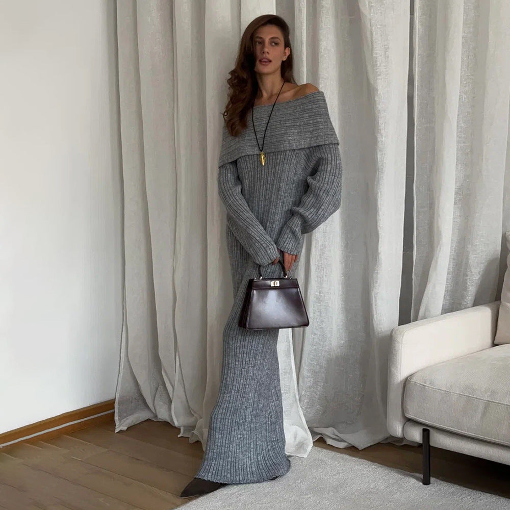 Knitted off Shoulder Long Sleeved Dress Autumn Winter off Shoulder Hip Knitwear Dress Women