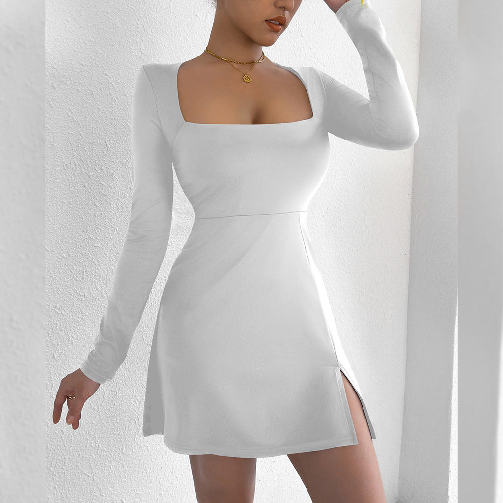 Women Clothing Square Collar Tight Long Sleeve Slit Flared Mini Sexy Dress