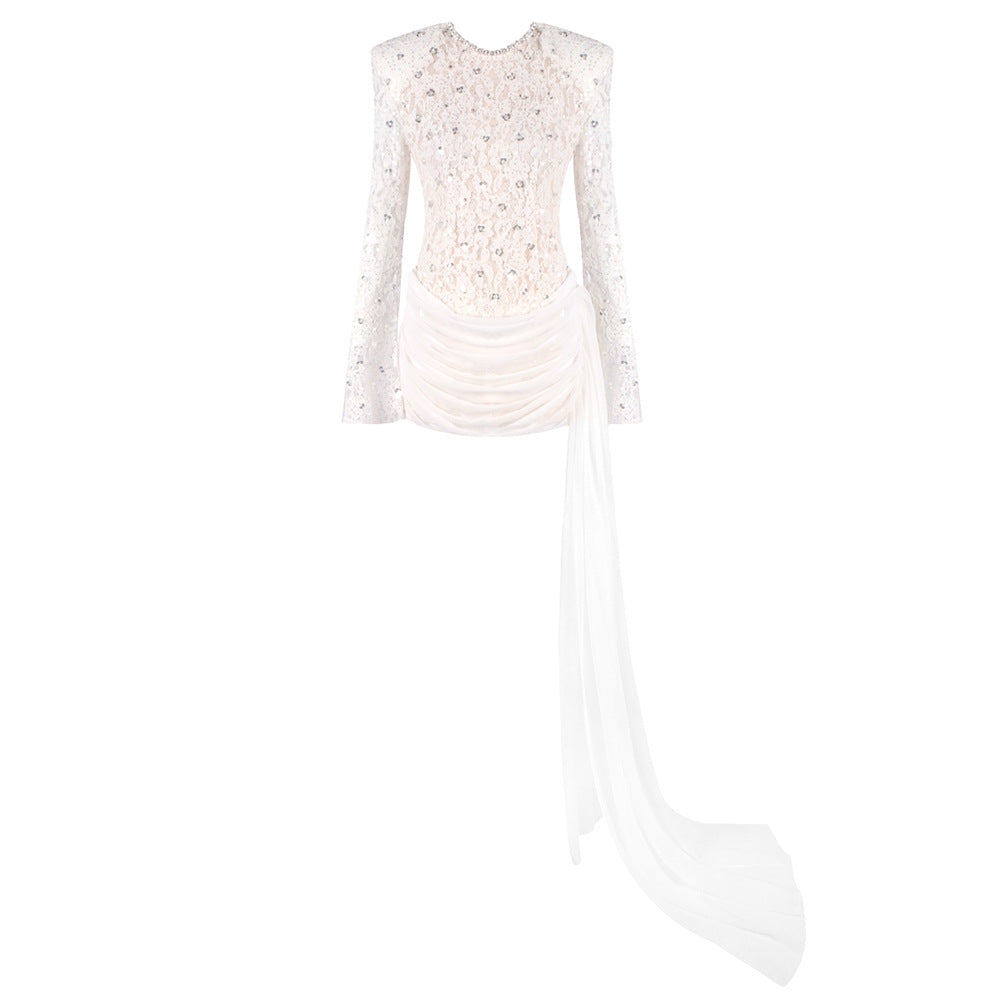 Women Clothes Summer Sexy round Neck Lace Stitching Long Sleeve Slim Fit Beaded Dress