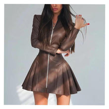 Load image into Gallery viewer, Women Fashionable Fitted Long Sleeve Pleated Faux Leather Zipper Dress