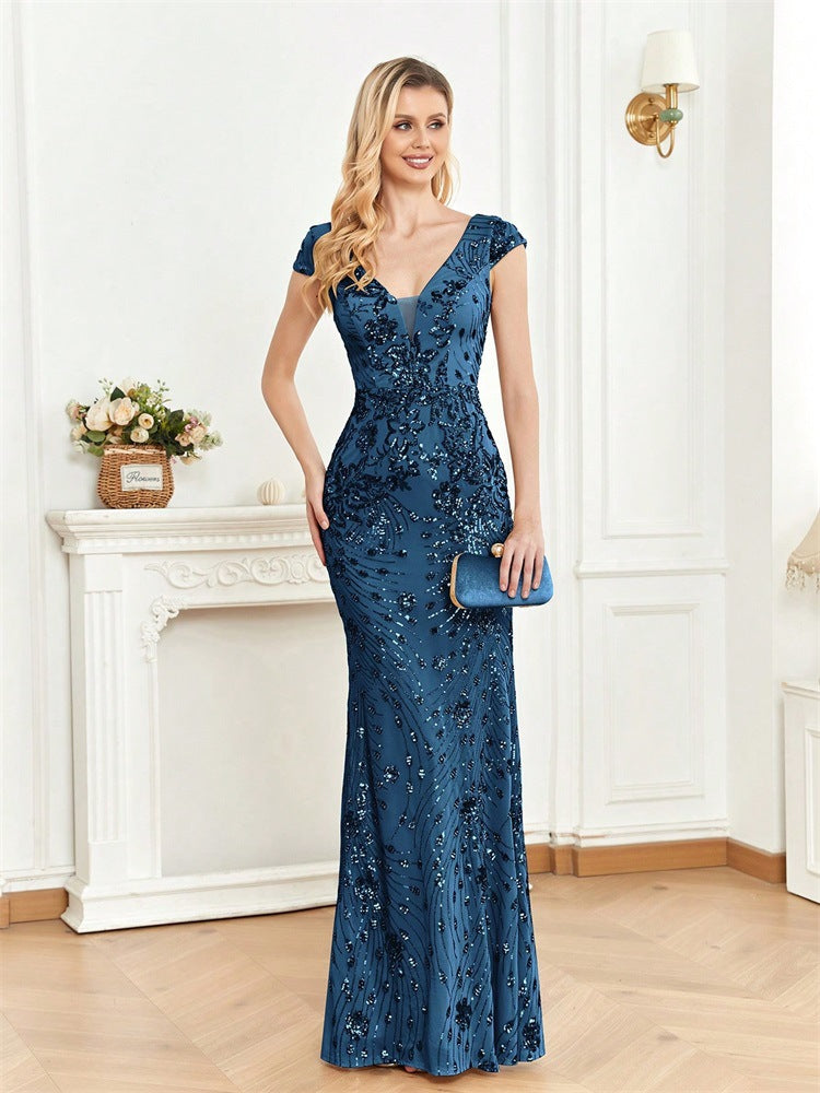Sequined Champagne Evening Dress Women Cocktail Sexy Slim Fit Fishtail Long Toast Dress