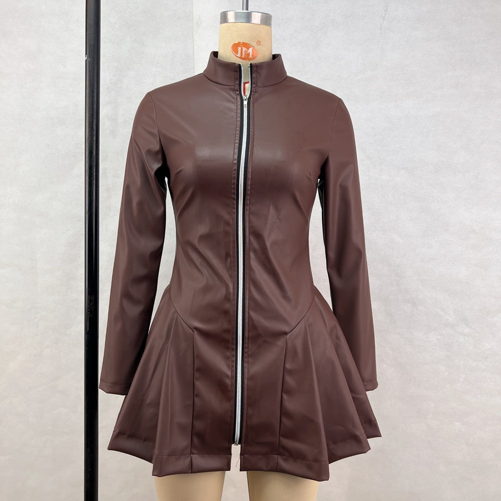 Women Fashionable Fitted Long Sleeve Pleated Faux Leather Zipper Dress