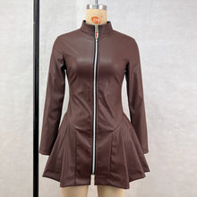 Load image into Gallery viewer, Women Fashionable Fitted Long Sleeve Pleated Faux Leather Zipper Dress
