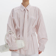 Load image into Gallery viewer, Office Printed Striped Shirt Women Polo Collar Long Sleeve Tie Cinched Blouse