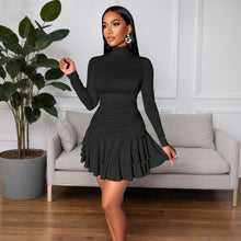 Load image into Gallery viewer, Turtleneck Slim Knit Dress Women Black Waist Indirect Pleated Double Layer Ruffled Short Dress
