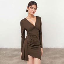 Load image into Gallery viewer, Design Pleated Slim Dress Women Autumn Winter Dark Brown V neck Long Sleeve Narrow Split Dress