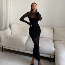 Load image into Gallery viewer, Women round Neck Long Sleeve Slim Fit Figure Flattering Dress Sexy Mesh Stitching Red Carpet Dress