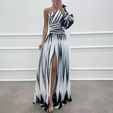 Load image into Gallery viewer, Spring Autumn Printed Diagonal Shoulder Split Dress Casual Loose Party Dress Dress