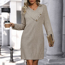 Load image into Gallery viewer, Autumn Knitted Dress Sunken Stripe Solid Color V neck Knitted Dress