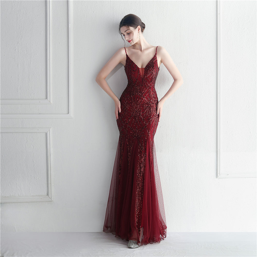 Popular Mesh Beads Sequined Dress Long Evening Dress Star Event Exhibition Stage