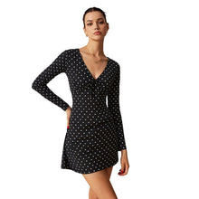 Load image into Gallery viewer, French Vintage Floral Dress Women Niche Design V neck Lace up Short Black Polka Dot Dress