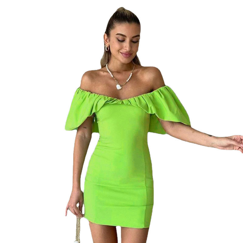 Spring Casual Vacation Tight Waist Slimming Sense Design Pleated Off Shoulder Hip Bag Dress