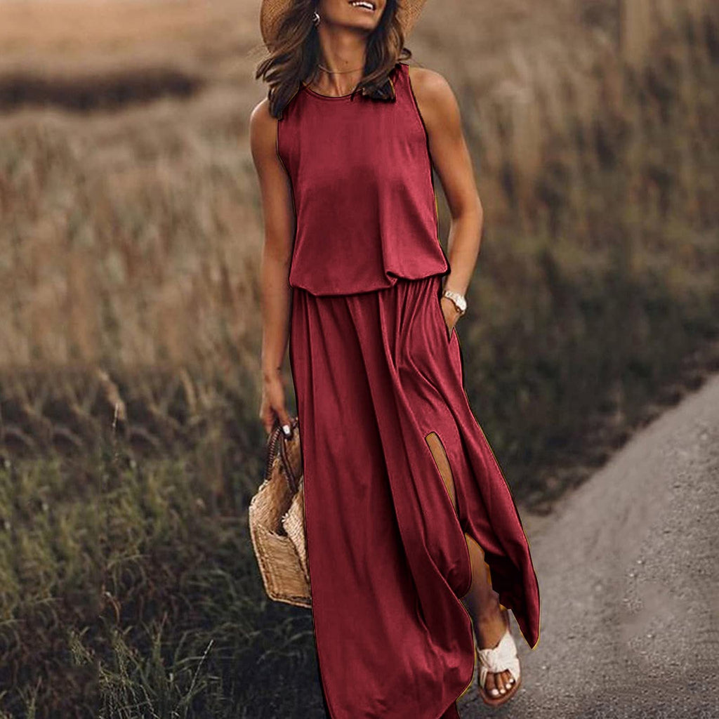 Spring Summer Women Clothing round Neck Sleeveless Dress Split Solid Color Casual Office Dress