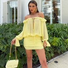 Load image into Gallery viewer, Fall Women Clothing Sexy off the Shoulder Hollow Out Cutout out Tied Solid Color Slim Hip Bag Dress