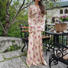 Load image into Gallery viewer, Women Clothing Spring Autumn Elegant Printed Satin Dress V neck Long Sleeve Lace up High Grade Dress