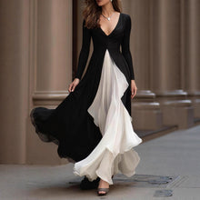 Load image into Gallery viewer, Long Sleeve V neck Slim Waist Dress French Black White Color Contrast Patchwork Large Swing Dress