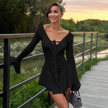 Load image into Gallery viewer, Women Clothing Ruffled Pointed Collar Rope Bell Sleeve Dress