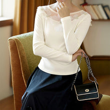 Load image into Gallery viewer, Spring Autumn Elegant Office Slim Fit Three Dimensional Floral Mesh Stitching Solid Color Top Women