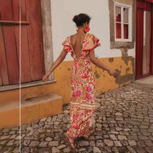 Load image into Gallery viewer, V neck Flounce Slit Positioning Floral Backless Dress