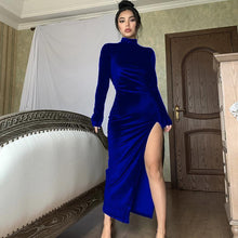 Load image into Gallery viewer, Women Clothing Autumn Winter Turtleneck Maxi Dress Slim Pleated Split Dress