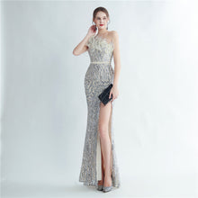 Load image into Gallery viewer, Heavy Industry Ostrich Hair Craft Beading Hair Oblique Shoulder Side Slit High End Evening Dress
