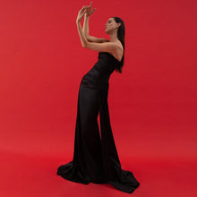 Load image into Gallery viewer, Women Black Tube Top Pleated Ribbon Dress Summer Dress