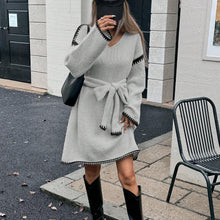 Load image into Gallery viewer, Idle Tie Waist Trimming Loose Knitted V neck Long Sleeve Fall Mid Length Dress Women