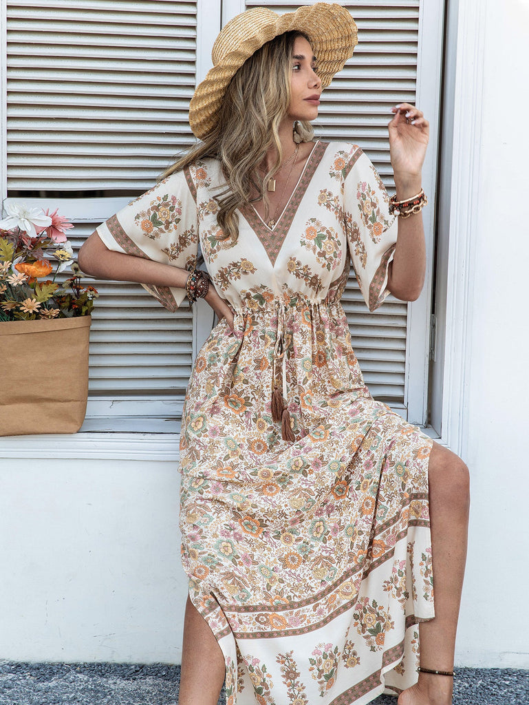 Women Bohemian Beige Printed Dress Long Tassel