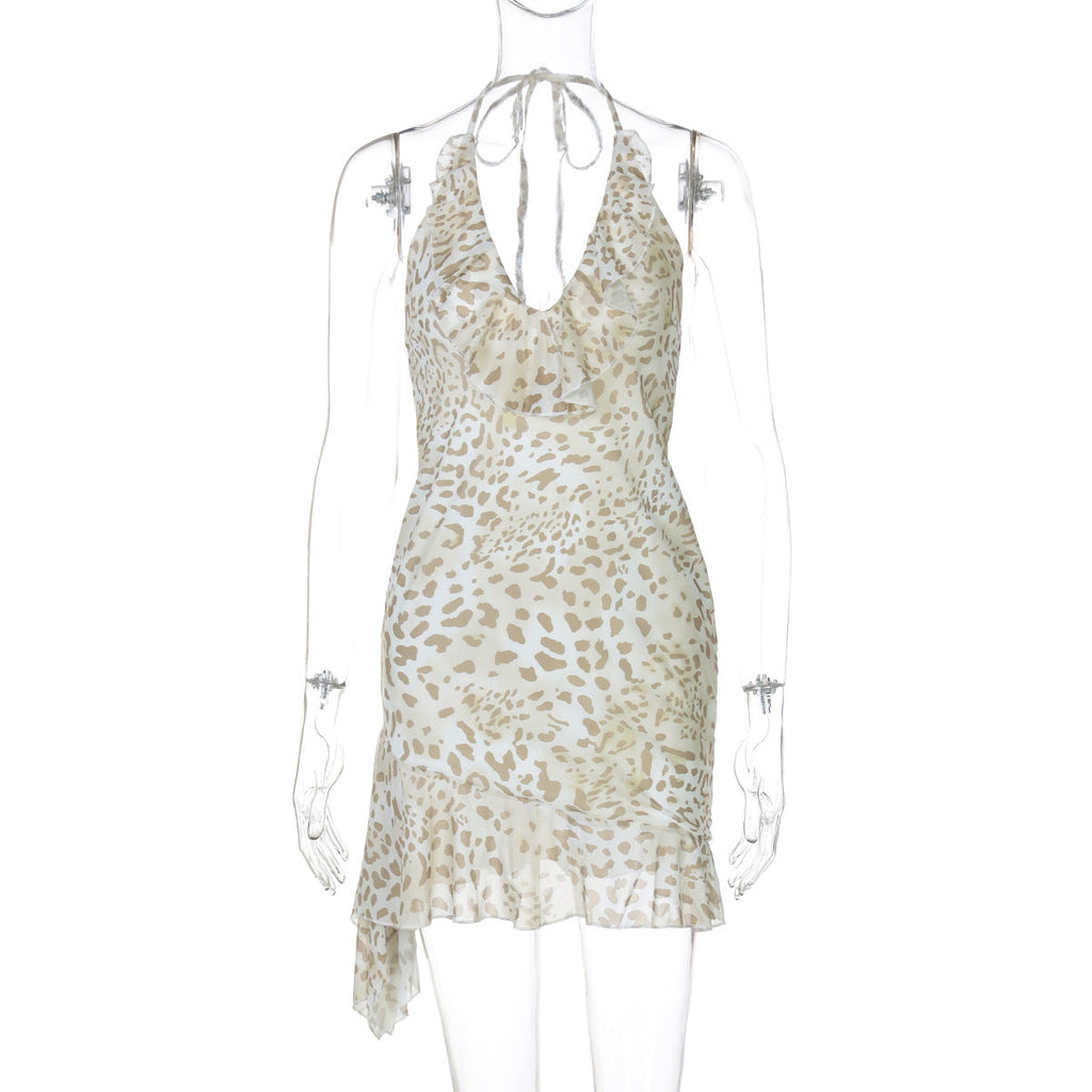 Summer Sexy Leopard Print Printed Sexy Deep V Plunge Sheath Wooden Ear Halter Dress Women