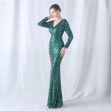 Load image into Gallery viewer, Positioning Floral Cutting Craft Magic Color Sequin Annual Meeting Wedding Long Sleeve Evening Dress