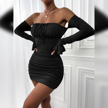 Load image into Gallery viewer, Women Clothing Spring Autumn Sexy Chest Wrapped Dress Chest Lace up Pleated Bell Sleeve Hip