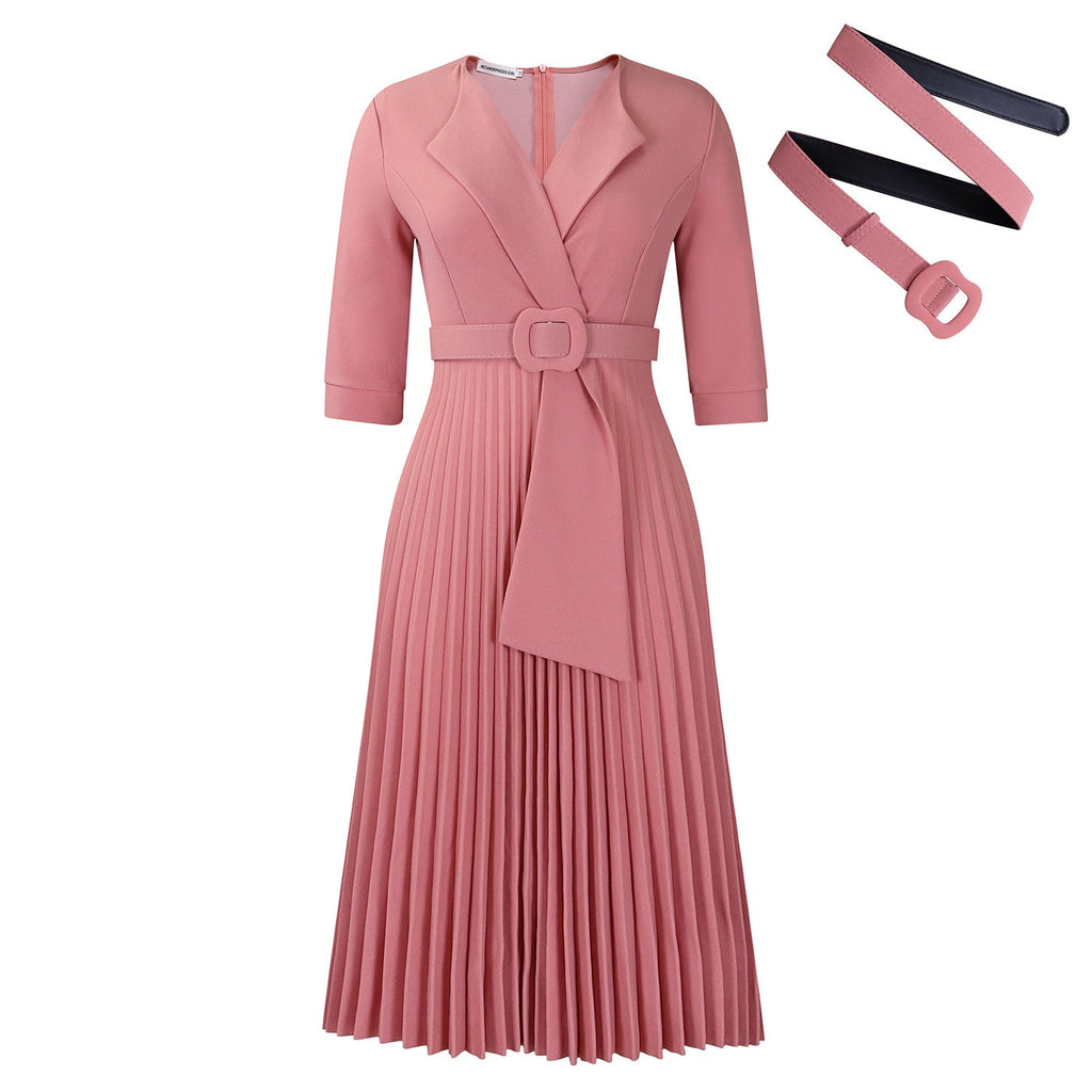 Autumn Winter Women Clothing Office Tailored Collar Pleat Waisted Dress
