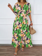 Load image into Gallery viewer, Summer Floral Print Maxi Dress Elastic Band Waist Tight Big V neck Short Sleeve Dress for Women
