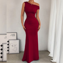 Load image into Gallery viewer, Women Fishtail Dress Slant Shoulder Collar Waist Pleated Sleeveless Sexy Dress