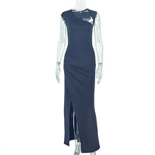 Load image into Gallery viewer, Graceful Women Solid Color Pleated Slim Fit Slit Hip Dress Diagonal Collar Hollow Out Cutout out Length Dress
