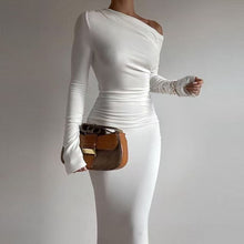Load image into Gallery viewer, Sexy Women Clothing Sloping-Shoulder off the Shoulder Long Sleeve Slim Fit Pleated Long Socialite Dress