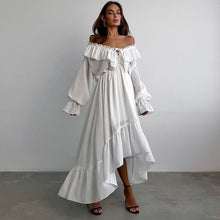 Load image into Gallery viewer, Drawstring V neck Flared Sleeves Chiffon Dress Asymmetric Design White Casual Long A line Dress